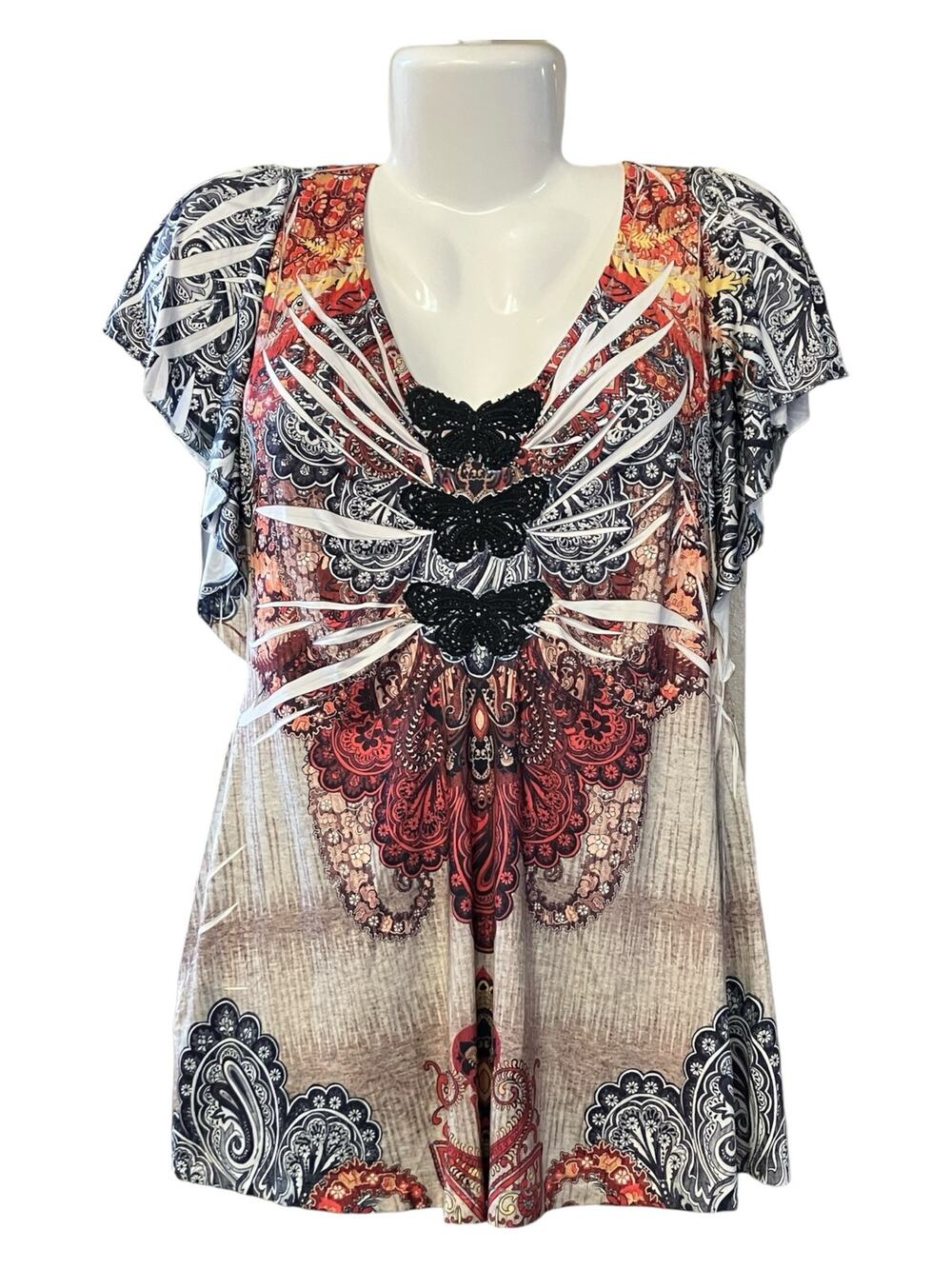 One World Live and Let Live Multicolor Butterfly Flutter Sleeve Blouse | Size S